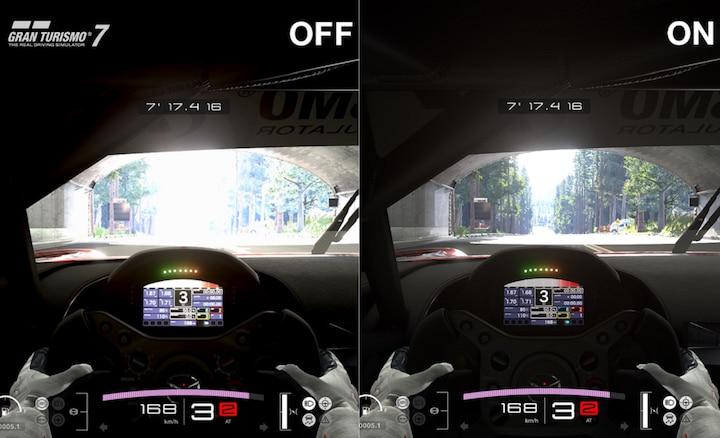 Split screen images of Gran Turismo 7 showing the difference with Auto HDR Tone Mapping on and off