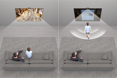 Split-screen view with image on left showing two people on a sofa watching TV and image on right showing one of the people walking toward the TV with alert sounding