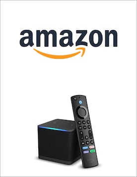 Image of an amazon Fire TV Cube and Stick sitting on a shelf