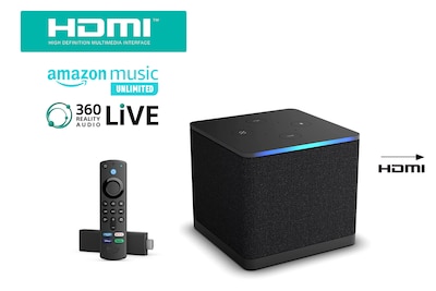 Image of a Fire Cube with amazon music and HDMI logos on the left and an arrow with a HDMI logo on the right