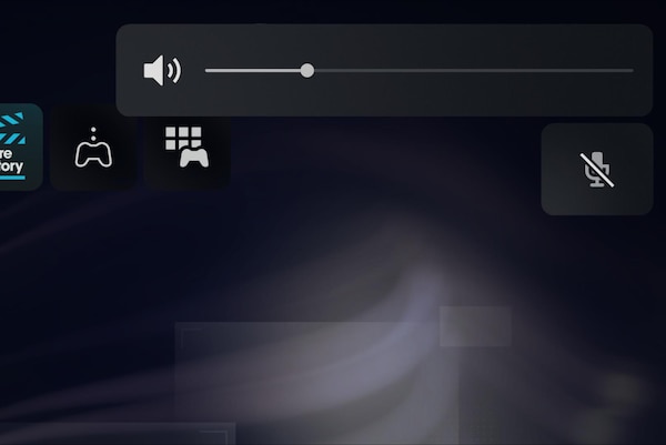 Screenshot of game settings in the PS5™ Control Center showing volume level and controller status