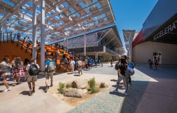 Students walking around outdoor area in Canyon View High School