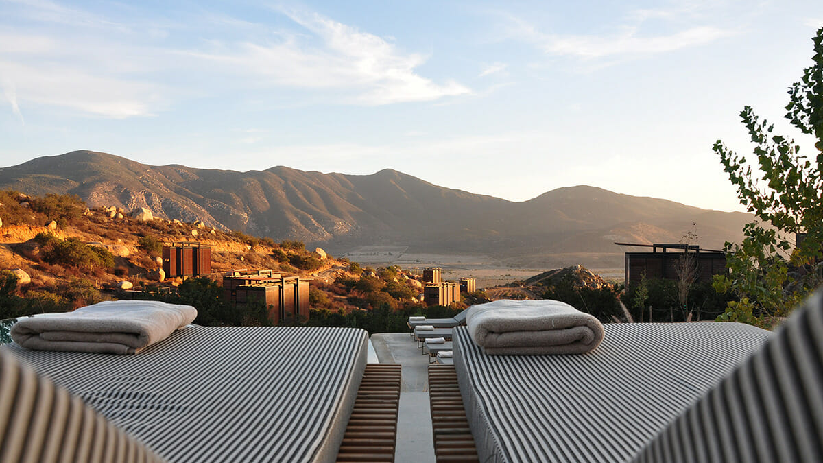 Lounge chairs overlooking a mountain