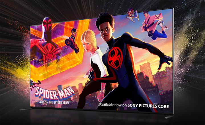 Angled view of TV with screenshot of SPIDER-MAN Across the Spider-Verse and colourful starburst behind