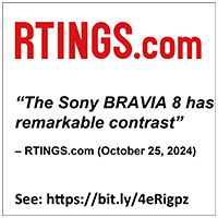 RTINGS.com quote praising BRAVIA 8 for remarkable contrast, dated October 25, 2024, with a review link