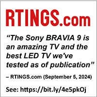 RTINGS.com quote praising BRAVIA 9 as the best LED TV tested, dated September 5, 2024, with a review link.