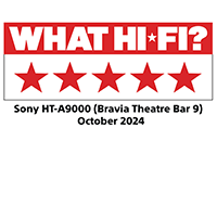 What Hi-Fi? 5-star rating badge for BRAVIA Theatre Bar 9, October 2024.