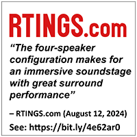 RTINGS.com quote praising BRAVIA Theatre Quad's four-speaker configuration, dated August 12, 2024, with a review link.