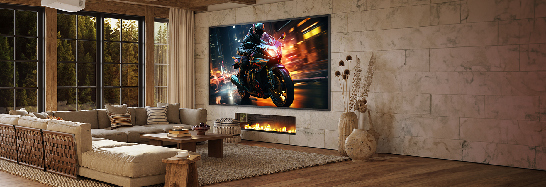 Living room scene showing Sony Projector mounted on the ceiling projecting a scene onto the wall showing a motorbike racing on the street at night