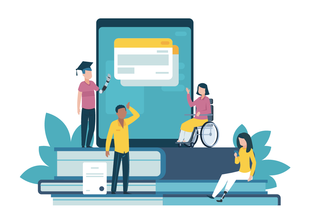 Illustrated graphic of adult students using various prosthetic devices and a wheelchair.